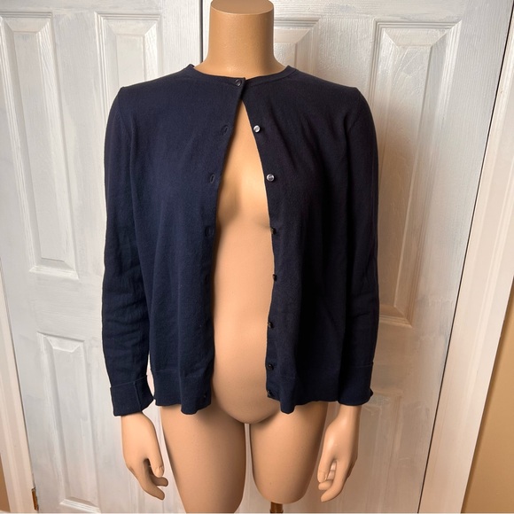 ANN TAYLOR Cotton Navy Blue Crewneck Button Up Lightweight Cardigan - Size L - Picture 4 of 12